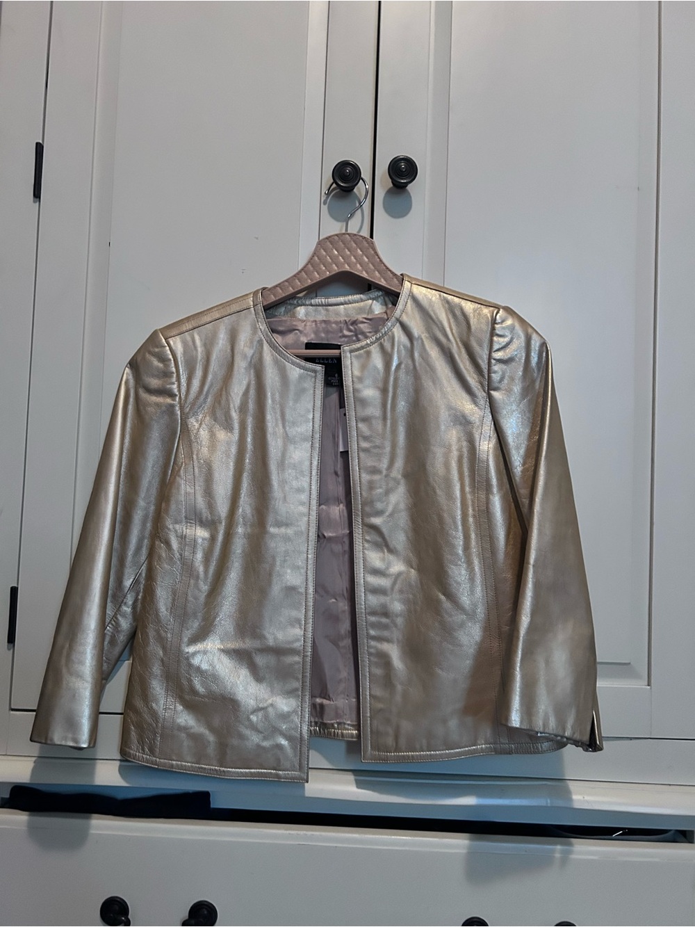 Metallic Gold Leather Jacket - Women's Collarless Blazer